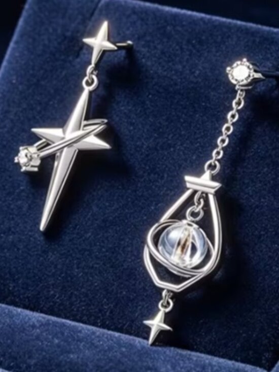 Jewelry - DESIGNER Cosmic Silver Planet Saturn/Stars Clear Crystal Mismatch Earrings**NEW!